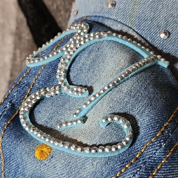 VINTAGE BOSS EMBROIDERED SILVER STUDDED DISTRESSED FAUX LEATHER DENIM CAP HAT - Picture 8 of 14